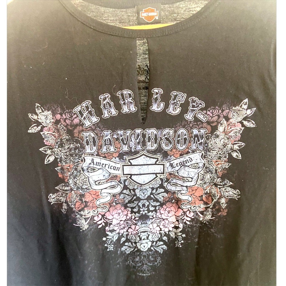 Harley Davidson American Legend Floral Cut Keyhole Graphic Tee Black‎ Size L
